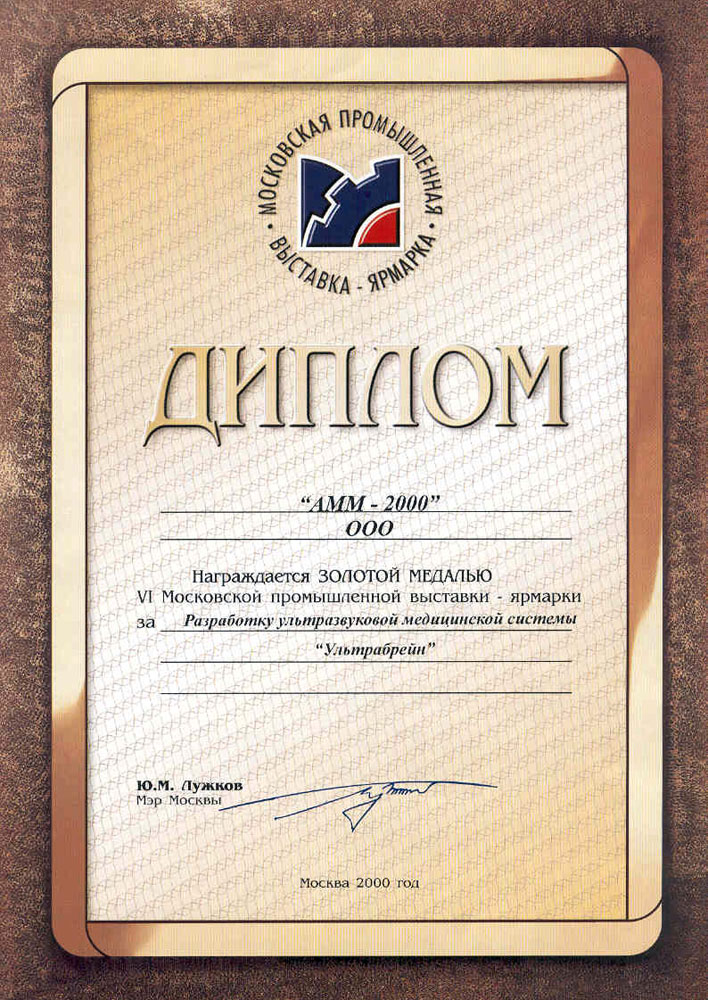 VI Московская промышленная выставка-ярмарка», Золотая медаль за разработку ультразвуковой медицинской системы «Ультрабрейн», 2000 г.